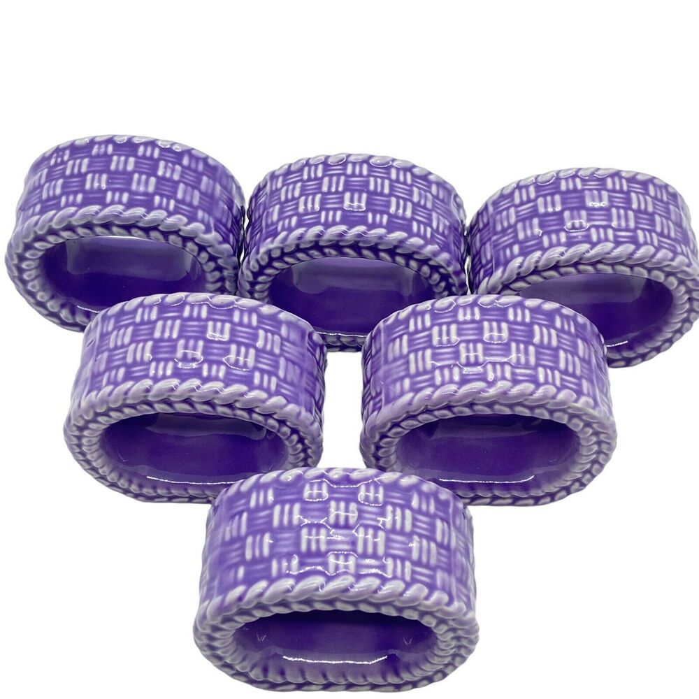 Napkin Rings Vintage Purple Ceramic Geometric Decorative Basket Weave Set Of Six
